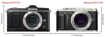 Größenvergleich: OM System PEN E-P2 vs. OM System PEN E-PL9 Größenvergleich: OM System PEN E-P2 vs. OM System PEN E-PL9