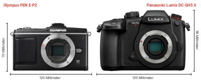 Größenvergleich: OM System PEN E-P2 vs. Panasonic Lumix DC-GH5 II Größenvergleich: OM System PEN E-P2 vs. Panasonic Lumix DC-GH5 II