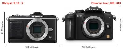Größenvergleich: OM System PEN E-P2 vs. Panasonic Lumix DMC-G10 Größenvergleich: OM System PEN E-P2 vs. Panasonic Lumix DMC-G10