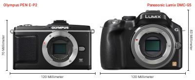 Größenvergleich: OM System PEN E-P2 vs. Panasonic Lumix DMC-G5 Größenvergleich: OM System PEN E-P2 vs. Panasonic Lumix DMC-G5