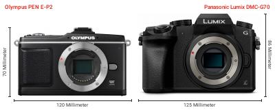 Größenvergleich: OM System PEN E-P2 vs. Panasonic Lumix DMC-G70 Größenvergleich: OM System PEN E-P2 vs. Panasonic Lumix DMC-G70