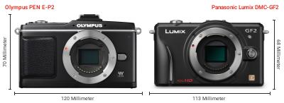 Größenvergleich: OM System PEN E-P2 vs. Panasonic Lumix DMC-GF2 Größenvergleich: OM System PEN E-P2 vs. Panasonic Lumix DMC-GF2