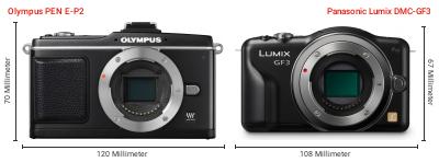 Größenvergleich: OM System PEN E-P2 vs. Panasonic Lumix DMC-GF3 Größenvergleich: OM System PEN E-P2 vs. Panasonic Lumix DMC-GF3