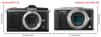 Größenvergleich: OM System PEN E-P2 vs. Panasonic Lumix DMC-GF6 Größenvergleich: OM System PEN E-P2 vs. Panasonic Lumix DMC-GF6