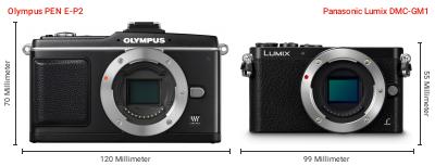 Größenvergleich: OM System PEN E-P2 vs. Panasonic Lumix DMC-GM1 Größenvergleich: OM System PEN E-P2 vs. Panasonic Lumix DMC-GM1
