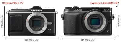 Größenvergleich: OM System PEN E-P2 vs. Panasonic Lumix DMC-GX7 Größenvergleich: OM System PEN E-P2 vs. Panasonic Lumix DMC-GX7
