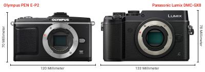 Größenvergleich: OM System PEN E-P2 vs. Panasonic Lumix DMC-GX8 Größenvergleich: OM System PEN E-P2 vs. Panasonic Lumix DMC-GX8