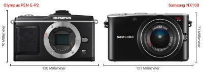 Größenvergleich: OM System PEN E-P2 vs. Samsung NX100 Größenvergleich: OM System PEN E-P2 vs. Samsung NX100