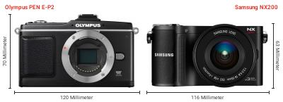 Größenvergleich: OM System PEN E-P2 vs. Samsung NX200 Größenvergleich: OM System PEN E-P2 vs. Samsung NX200