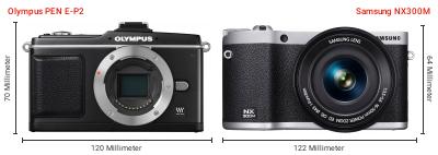 Größenvergleich: OM System PEN E-P2 vs. Samsung NX300M Größenvergleich: OM System PEN E-P2 vs. Samsung NX300M
