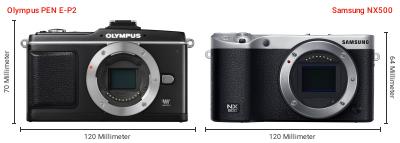 Größenvergleich: OM System PEN E-P2 vs. Samsung NX500 Größenvergleich: OM System PEN E-P2 vs. Samsung NX500