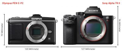 Größenvergleich: OM System PEN E-P2 vs. Sony Alpha 7R II Größenvergleich: OM System PEN E-P2 vs. Sony Alpha 7R II