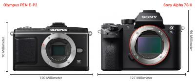 Größenvergleich: OM System PEN E-P2 vs. Sony Alpha 7S II Größenvergleich: OM System PEN E-P2 vs. Sony Alpha 7S II
