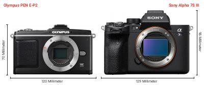 Größenvergleich: OM System PEN E-P2 vs. Sony Alpha 7S III