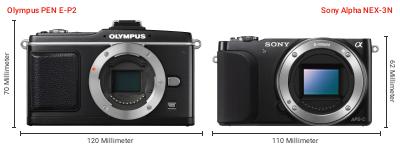 Größenvergleich: OM System PEN E-P2 vs. Sony Alpha NEX-3N Größenvergleich: OM System PEN E-P2 vs. Sony Alpha NEX-3N