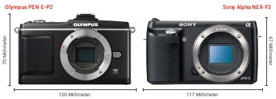Größenvergleich: OM System PEN E-P2 vs. Sony Alpha NEX-F3 Größenvergleich: OM System PEN E-P2 vs. Sony Alpha NEX-F3