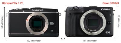 Größenvergleich: OM System PEN E-P3 vs. Canon EOS M3 Größenvergleich: OM System PEN E-P3 vs. Canon EOS M3