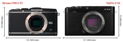 Größenvergleich: OM System PEN E-P3 vs. Fujifilm X-E4 Größenvergleich: OM System PEN E-P3 vs. Fujifilm X-E4