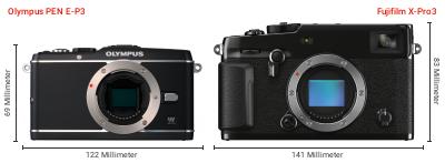 Größenvergleich: OM System PEN E-P3 vs. Fujifilm X-Pro3 Größenvergleich: OM System PEN E-P3 vs. Fujifilm X-Pro3