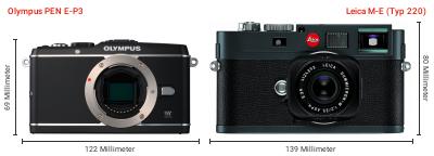 Größenvergleich: OM System PEN E-P3 vs. Leica M-E (Typ 220)