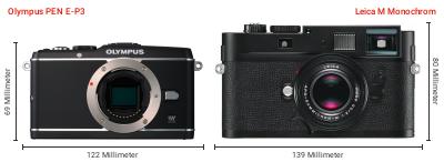 Größenvergleich: OM System PEN E-P3 vs. Leica M Monochrom Größenvergleich: OM System PEN E-P3 vs. Leica M Monochrom