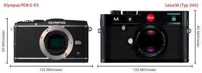 Größenvergleich: OM System PEN E-P3 vs. Leica M (Typ 240) Größenvergleich: OM System PEN E-P3 vs. Leica M (Typ 240)