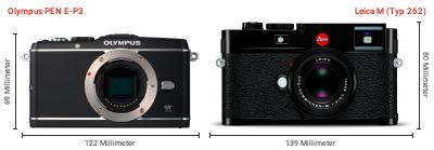 Größenvergleich: OM System PEN E-P3 vs. Leica M (Typ 262) Größenvergleich: OM System PEN E-P3 vs. Leica M (Typ 262)