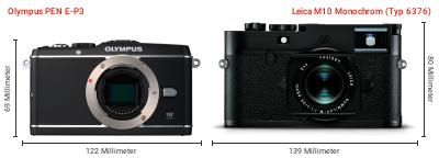 Größenvergleich: OM System PEN E-P3 vs. Leica M10 Monochrom (Typ 6376) Größenvergleich: OM System PEN E-P3 vs. Leica M10 Monochrom (Typ 6376)