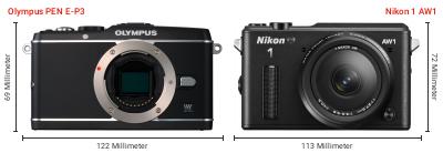 Größenvergleich: OM System PEN E-P3 vs. Nikon 1 AW1 Größenvergleich: OM System PEN E-P3 vs. Nikon 1 AW1