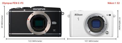 Größenvergleich: OM System PEN E-P3 vs. Nikon 1 S2 Größenvergleich: OM System PEN E-P3 vs. Nikon 1 S2