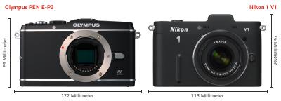 Größenvergleich: OM System PEN E-P3 vs. Nikon 1 V1 Größenvergleich: OM System PEN E-P3 vs. Nikon 1 V1
