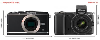 Größenvergleich: OM System PEN E-P3 vs. Nikon 1 V2 Größenvergleich: OM System PEN E-P3 vs. Nikon 1 V2