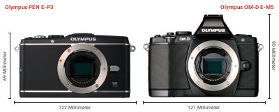 Größenvergleich: OM System PEN E-P3 vs. OM System OM-D E-M5 Größenvergleich: OM System PEN E-P3 vs. OM System OM-D E-M5