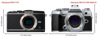Größenvergleich: OM System PEN E-P3 vs. OM System OM-D E-M5 Mark III Größenvergleich: OM System PEN E-P3 vs. OM System OM-D E-M5 Mark III