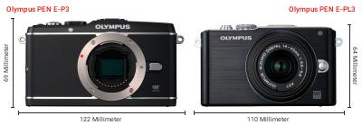 Größenvergleich: OM System PEN E-P3 vs. OM System PEN E-PL3 Größenvergleich: OM System PEN E-P3 vs. OM System PEN E-PL3