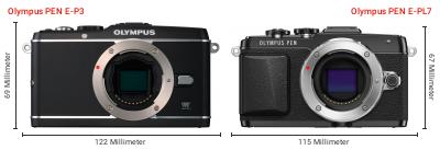 Größenvergleich: OM System PEN E-P3 vs. OM System PEN E-PL7 Größenvergleich: OM System PEN E-P3 vs. OM System PEN E-PL7