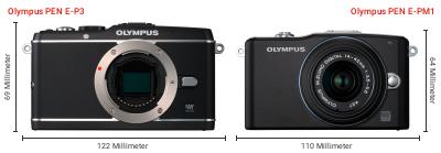 Größenvergleich: OM System PEN E-P3 vs. OM System PEN E-PM1 Größenvergleich: OM System PEN E-P3 vs. OM System PEN E-PM1