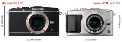 Größenvergleich: OM System PEN E-P3 vs. OM System PEN Lite E-PL5 Größenvergleich: OM System PEN E-P3 vs. OM System PEN Lite E-PL5