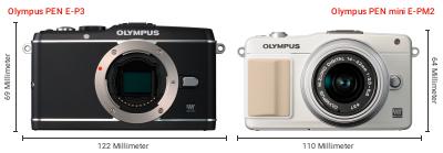 Größenvergleich: OM System PEN E-P3 vs. OM System PEN mini E-PM2 Größenvergleich: OM System PEN E-P3 vs. OM System PEN mini E-PM2