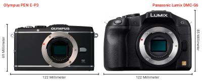 Größenvergleich: OM System PEN E-P3 vs. Panasonic Lumix DMC-G6 Größenvergleich: OM System PEN E-P3 vs. Panasonic Lumix DMC-G6