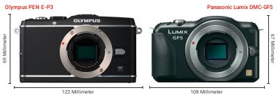 Größenvergleich: OM System PEN E-P3 vs. Panasonic Lumix DMC-GF5 Größenvergleich: OM System PEN E-P3 vs. Panasonic Lumix DMC-GF5