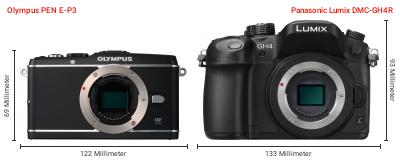 Größenvergleich: OM System PEN E-P3 vs. Panasonic Lumix DMC-GH4R Größenvergleich: OM System PEN E-P3 vs. Panasonic Lumix DMC-GH4R