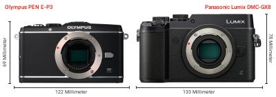Größenvergleich: OM System PEN E-P3 vs. Panasonic Lumix DMC-GX8 Größenvergleich: OM System PEN E-P3 vs. Panasonic Lumix DMC-GX8