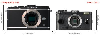 Größenvergleich: OM System PEN E-P3 vs. Pentax Q-S1 Größenvergleich: OM System PEN E-P3 vs. Pentax Q-S1