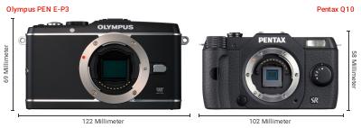 Größenvergleich: OM System PEN E-P3 vs. Pentax Q10 Größenvergleich: OM System PEN E-P3 vs. Pentax Q10