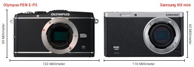 Größenvergleich: OM System PEN E-P3 vs. Samsung NX mini Größenvergleich: OM System PEN E-P3 vs. Samsung NX mini