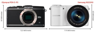 Größenvergleich: OM System PEN E-P3 vs. Samsung NX2000 Größenvergleich: OM System PEN E-P3 vs. Samsung NX2000
