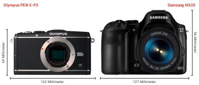 Größenvergleich: OM System PEN E-P3 vs. Samsung NX30 Größenvergleich: OM System PEN E-P3 vs. Samsung NX30