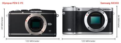 Größenvergleich: OM System PEN E-P3 vs. Samsung NX300