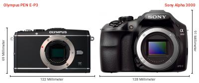 Größenvergleich: OM System PEN E-P3 vs. Sony Alpha 3000 Größenvergleich: OM System PEN E-P3 vs. Sony Alpha 3000